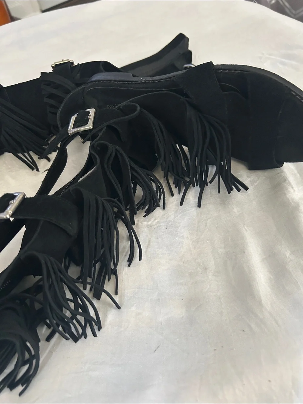 Prune Black Fringe Gladiator Sandals with Buckle Straps
